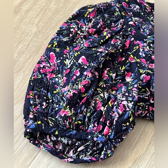 French Connection Flores Cotton V Neck Mini Dress In Utility Blue Floral | US 2 - Picture 4 of 9